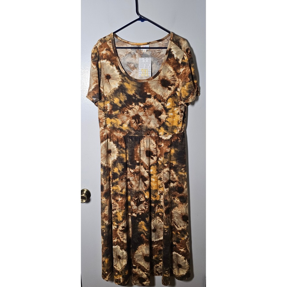 LuLaRoe Riley Dress 3XL Brown Mustard Tie Dye Floral Short Sleeve Midi NWT